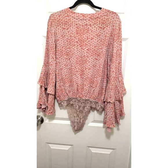 Intimately Free People Floral Print Button-Down Bodysuit Lace Detail & Ruffled S - Picture 2 of 8